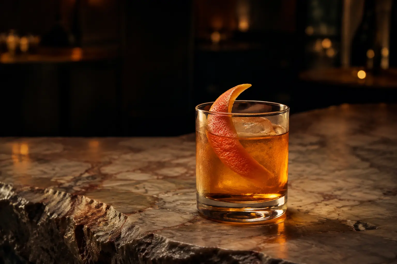 Amber cocktail on a stone bar