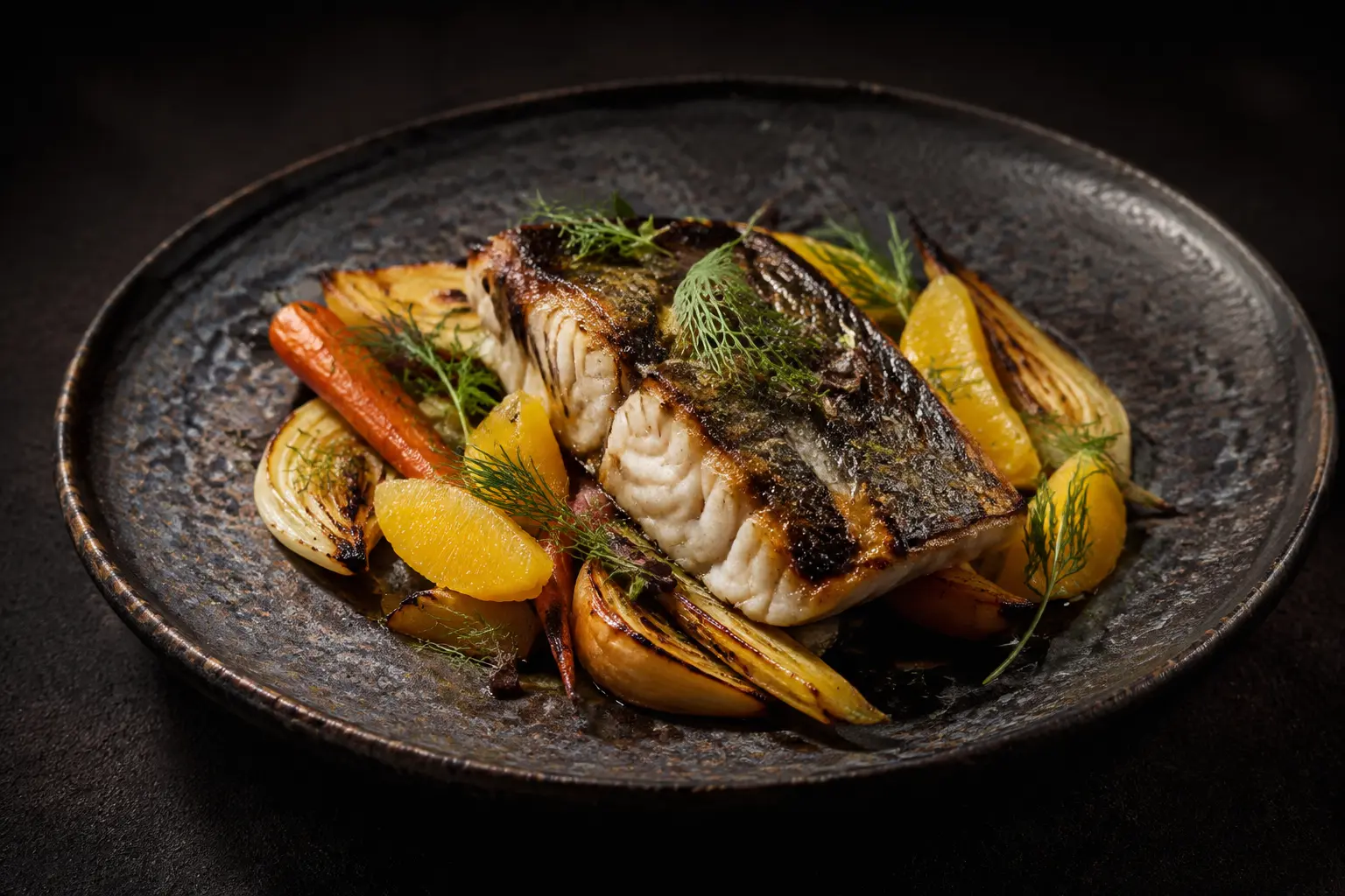 Signature grilled fish served on dark ceramic
