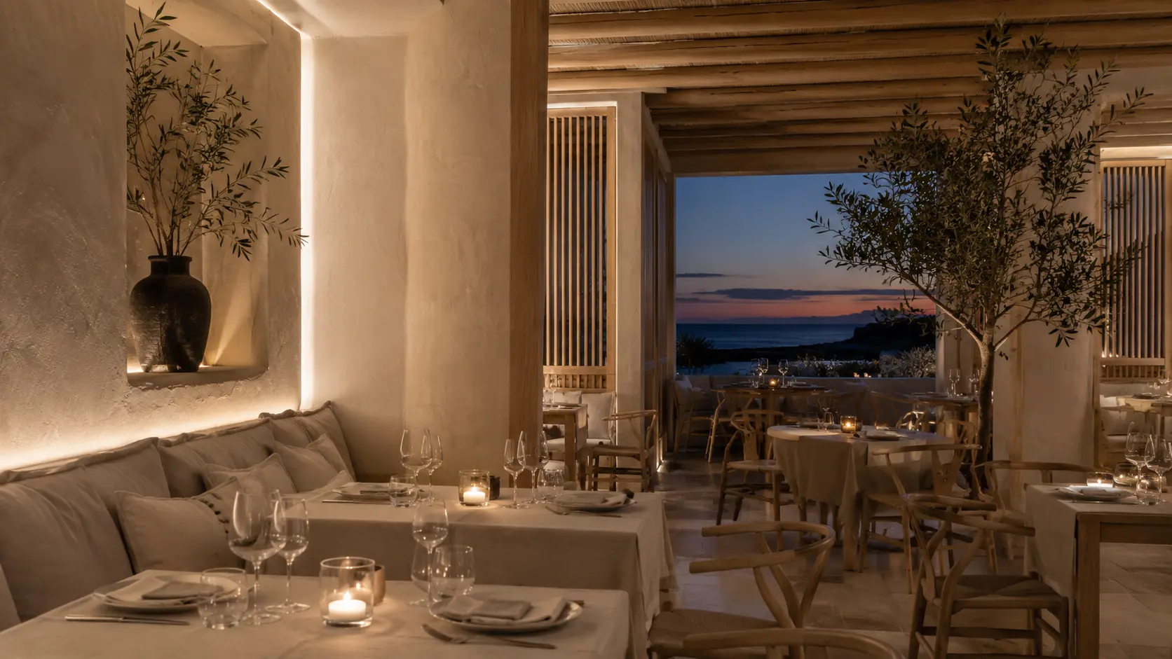 Warmly lit restaurant interior with natural materials